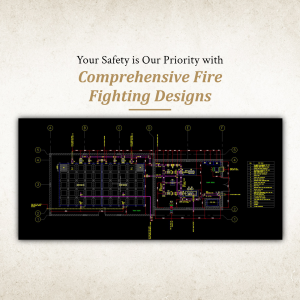 A technical engineering blueprint showing a comprehensive fire fighting system layout with safety text above.