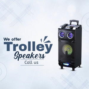 A black portable trolley speaker with glowing blue and green lights on a light grey background with promotional text.