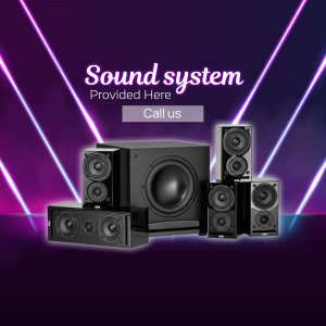 A home theater surround sound system with a subwoofer and speakers on a purple neon background