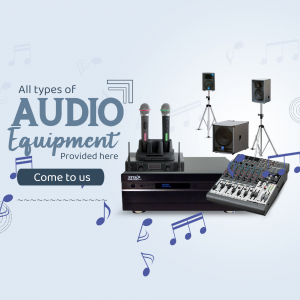 A collection of professional audio equipment including microphones, sound mixer, speakers, and subwoofer against a light background.