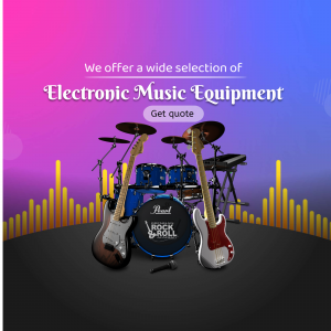 A collection of musical instruments including a drum kit, two electric guitars, and a keyboard against a vibrant purple and blue background with a gold equalizer graphic.