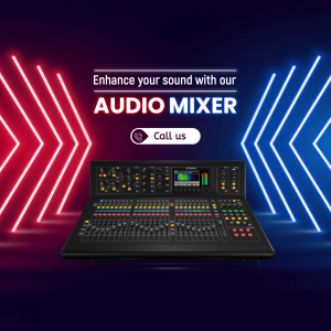 Professional audio mixing console with neon red and blue light effects in the background