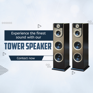 A promotional advertisement for premium tower speakers featuring two tall black speakers on a light blue background with text.