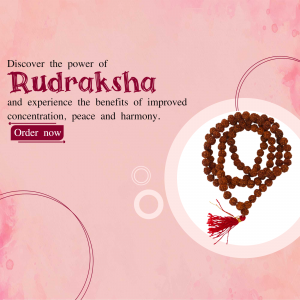 Rudraksha mala necklace on a pink background with text promoting benefits and an order button