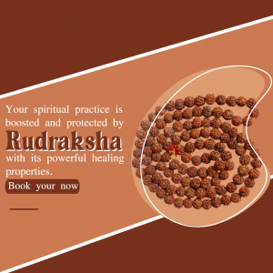 A brown graphic design showing a Rudraksha bead mala with text about its healing and protective properties.