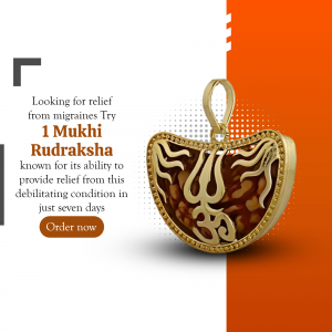 A gold 1 Mukhi Rudraksha pendant featuring a trishul and om symbol, promoting migraine relief.
