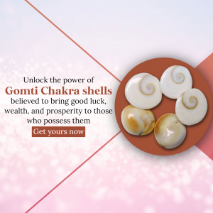 A collection of five Gomti Chakra shells arranged on a circular terracotta background, featuring spiritual text.