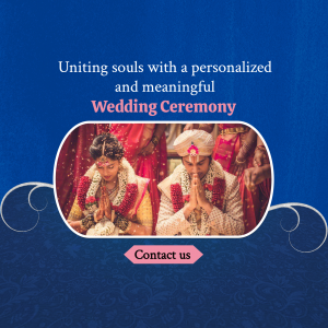 A Hindu couple in traditional attire praying during their wedding ceremony with a royal blue background.