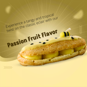 A delicious passion fruit flavored eclair topped with a small edible bumblebee decoration on a sunny yellow and gold background.