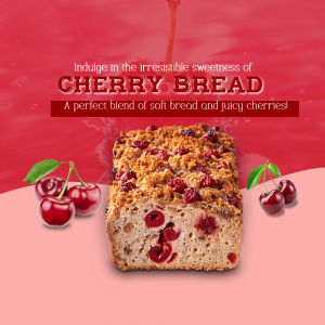 A loaf of cherry bread with fresh cherries on a pink and red background