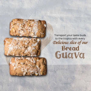 Three slices of glazed guava bread arranged vertically on a textured grey background