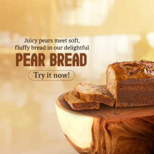 A loaf and slices of homemade pear bread served on a wooden platter with a warm golden background