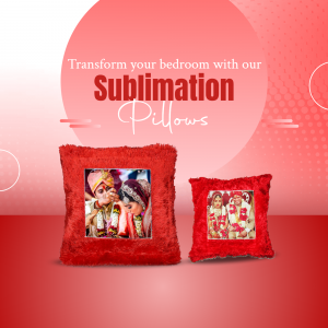 Two red fluffy sublimation pillows with wedding couple photos on a pink gradient background