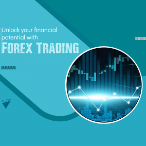 A graphic design promoting Forex trading with a circle overlay showing a financial candlestick chart on a teal background.