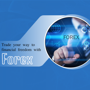A graphic design featuring a person touching a digital interface with trading icons and the text 'Trade your way to financial freedom with Forex'
