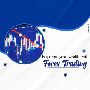 A graphic design promoting forex trading featuring a stock market chart inside a circle on a white and blue background.