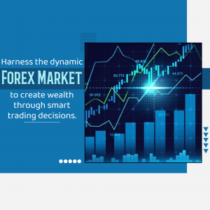 A professional graphic featuring a digital bar chart and trend lines, promoting forex market trading and wealth creation.