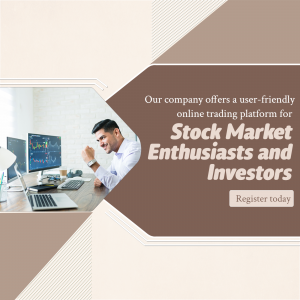 A stock trader celebrating success in front of a computer, promoting an online trading platform.