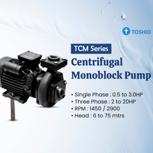 Toshio TCM series centrifugal monoblock pump with technical specifications on a water-themed background.