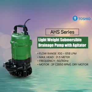 Toshio AHS Series submersible drainage pump with agitator standing on a water-themed background.