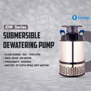 Toshio JDW Series submersible dewatering pump with technical specifications on a marble background
