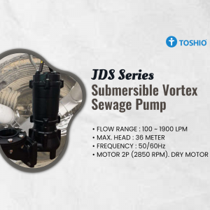 Toshio JDS Series submersible vortex sewage pump specifications on a light textured background