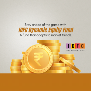 Stack of gold coins with the Indian Rupee symbol promoting IDFC Dynamic Equity Fund investment