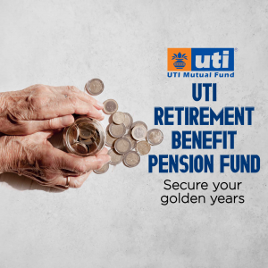 An elderly person holding a glass jar filled with coins next to the UTI Mutual Fund retirement pension plan logo and text.