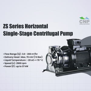 CNP ZS series horizontal single-stage centrifugal pump with technical specifications on a light gray background.