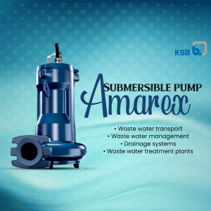 KSB Amarex submersible pump displayed on a blue background with a list of applications for waste water treatment and drainage.