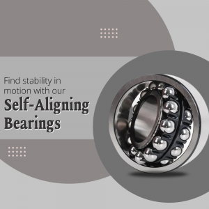 A metallic self-aligning ball bearing displayed on a grey and white graphic background with text.