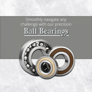A collection of precision metal ball bearings on a marble-textured background with promotional text.