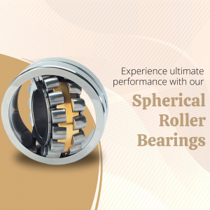 A metallic spherical roller bearing with gold accents on a soft beige graphic background.