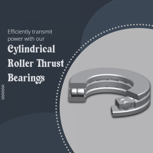 A graphic advertisement for cylindrical roller thrust bearings showing the product cross-section.
