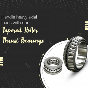 A graphic featuring industrial tapered roller thrust bearings on a dark background with text about handling heavy axial loads.