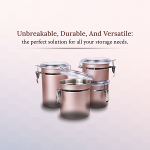 A set of rose gold stainless steel kitchen canisters with clear lids on a light gradient background.