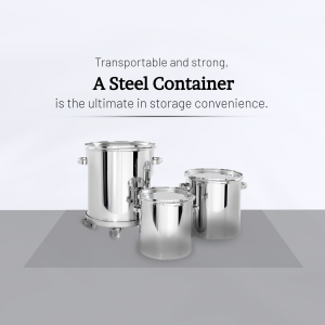 Set of three polished stainless steel industrial containers on a light grey background