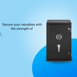 Black electronic security safe on a light blue background
