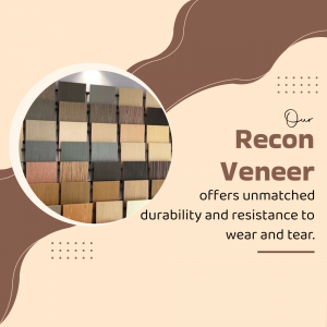 A collection of various recon veneer wood samples displayed in a grid with an advertising message about durability.