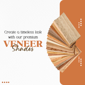 A collection of various premium wood veneer samples arranged in a fan shape against a white and terracotta background.
