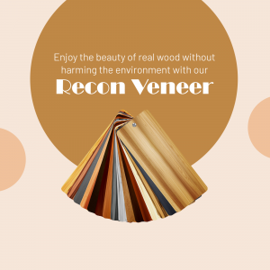 A fan of assorted wood Recon Veneer samples displayed against a circular brown background.