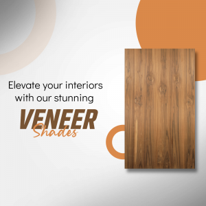 A graphic design featuring a rectangular wooden veneer sample surrounded by abstract orange and grey circles on a white background with text about elevating interiors.