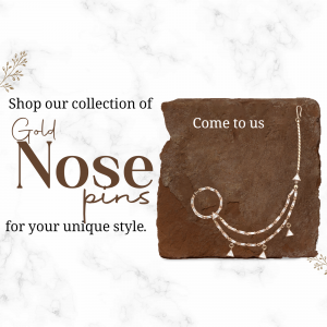 A promotional graphic for a gold nose pin collection on a marble background.