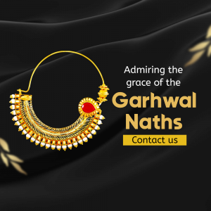 An elegant golden Garhwal Nath nose ring displayed on a black satin background with gold lettering.