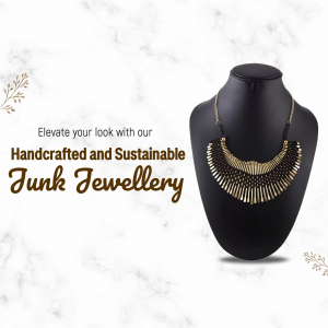 A stylish handcrafted and sustainable statement necklace displayed on a black mannequin bust against a white marble background.