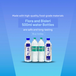 Four 500ml water bottles from Flora and Bisleri brands displayed against a blue gradient background.