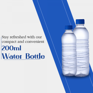 Two clear plastic 200ml water bottles on a blue and white background with promotional text