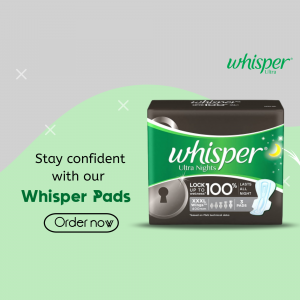 Whisper Ultra Nights sanitary pads advertisement with a product box and order now button on a light green background.