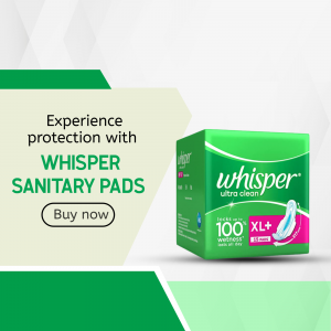 Whisper Ultra Clean sanitary pad packaging with marketing text