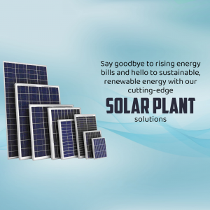 A collection of various sized solar panels displayed against a light blue abstract background with text promoting sustainable energy solutions.